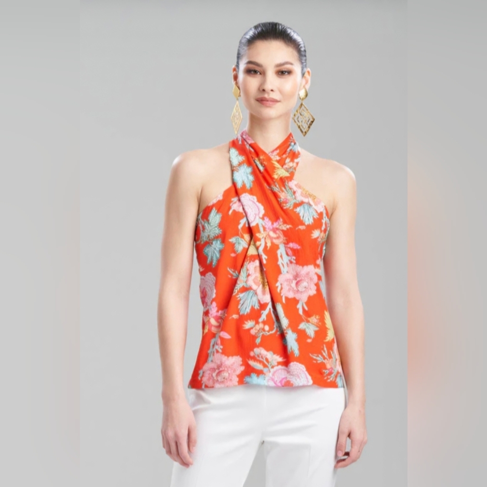 NWT Natori Amanpulo Obi Silk Beaded Halter Top in Asian Floral Paradise Orange